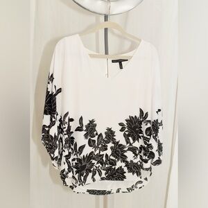 White House Black Market White Tunic with Black Floral Border